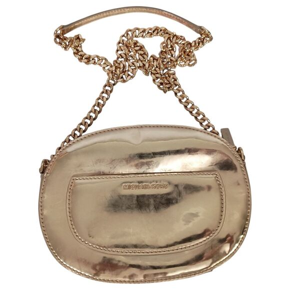 Michael Kors Handbag Small Womens Gold Leather Crossbody Chain Strap Fabric Zip - Picture 12 of 12